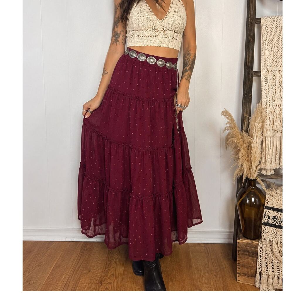 Altar'd State Maxi Skirt XS Burgundy Tiered Boho Cottagecore Westerm Cpwgor;